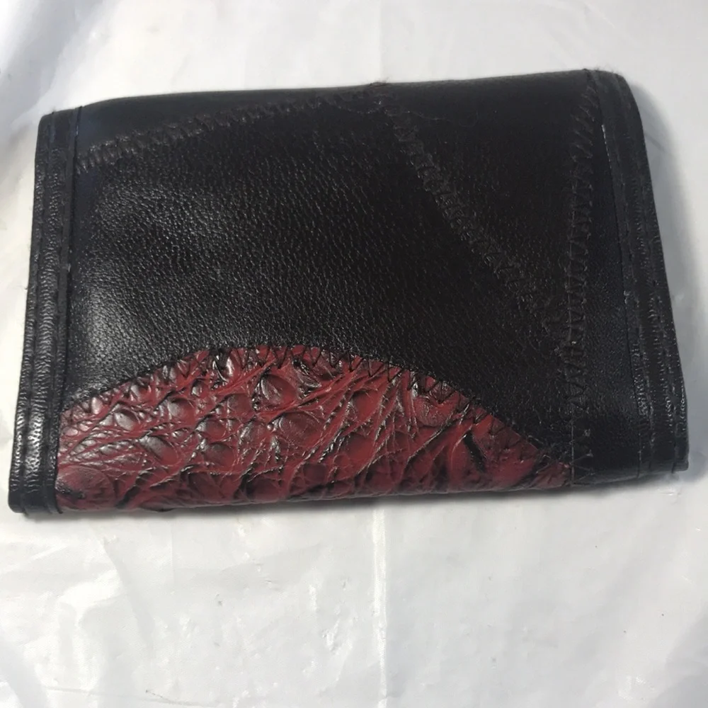 Vintage Ox Blood and Brown Patchwork Reptile Print Leather Biker Western Wallet